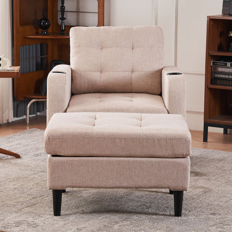 Upholstered Armchair And Storage Ottoman Set, Comfortable Single Sofa With Cup Holders And Tufted Detailing, Ideal For Living Room Or Bedroom - Stationary Chair & Ottoman - Alpine Outlets