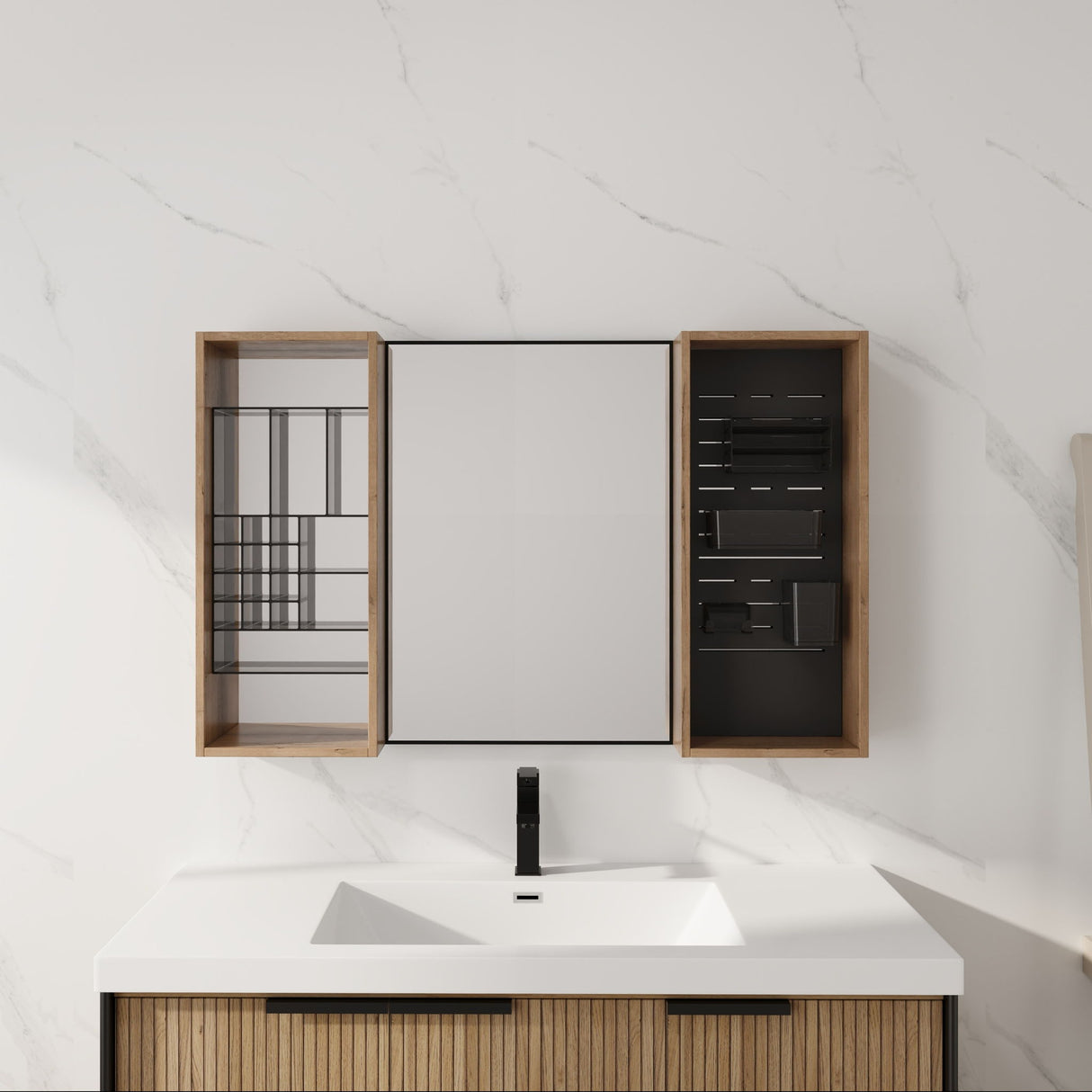 43.5" Mirror Cabinet With Storage, Wall Mounted Medicine Cabinet Frame With Shelves - Imitative Oak