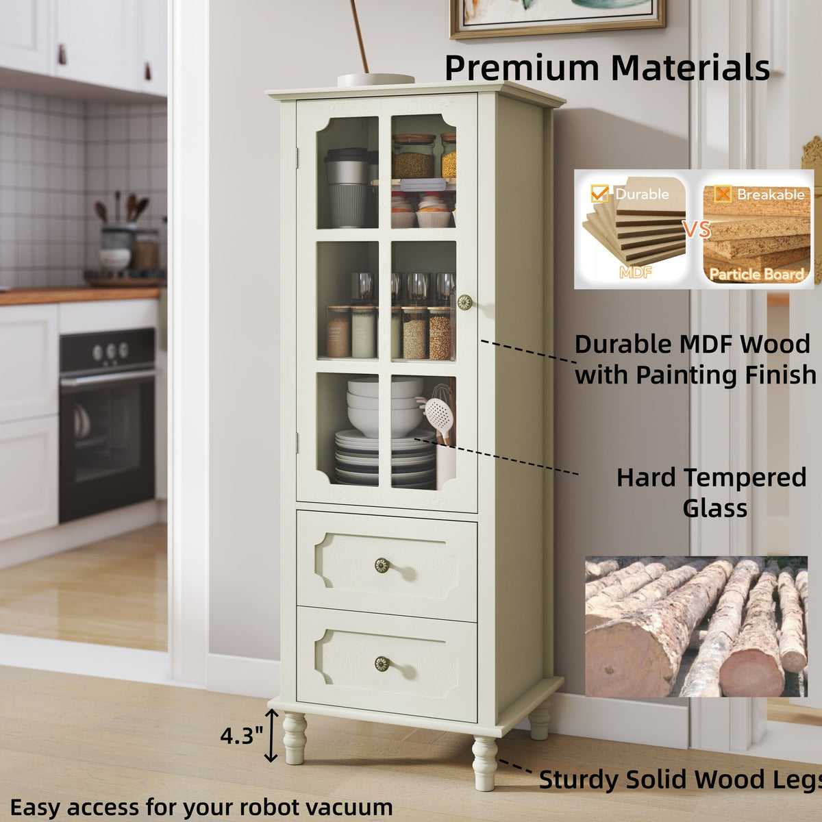Minimalism Buffet Cabinet With Glass Doors And Double Drawer
