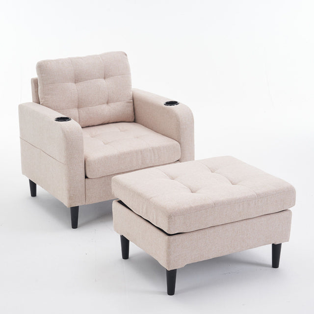 Upholstered Armchair And Storage Ottoman Set, Comfortable Single Sofa With Cup Holders And Tufted Detailing, Ideal For Living Room Or Bedroom - Stationary Chair & Ottoman - Alpine Outlets