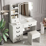 Fashion Vanity Desk With Mirror And Adjustable Lighting, 6 Drawers, 3 Color Light Modes - White