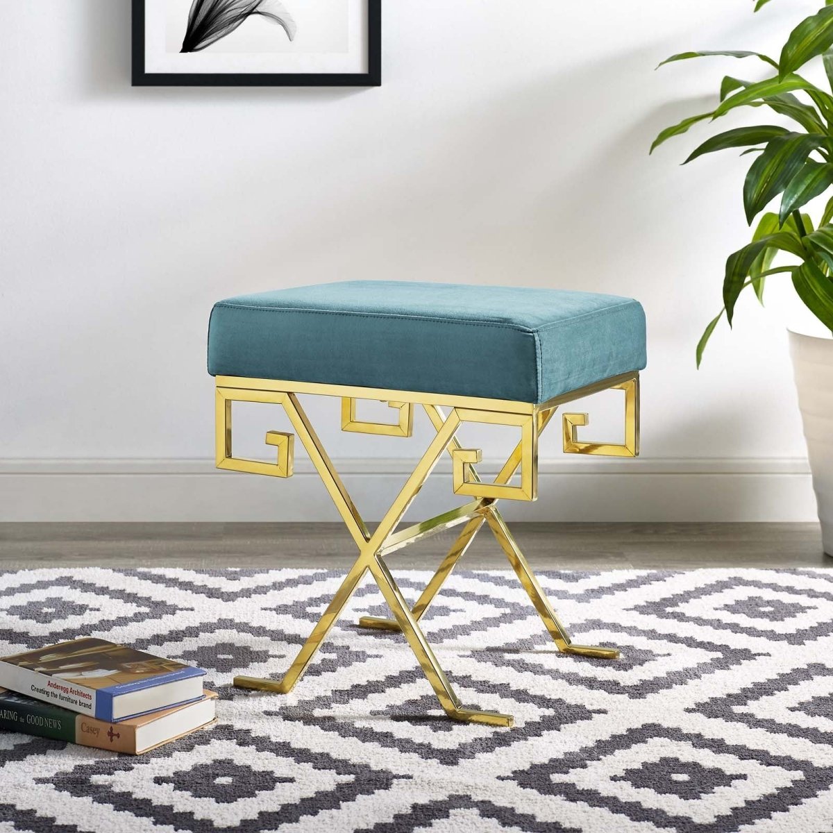 15 Inch Whimsical Greek Key Performance Velvet Bench - Benches available at Alpine Outlets in Denver