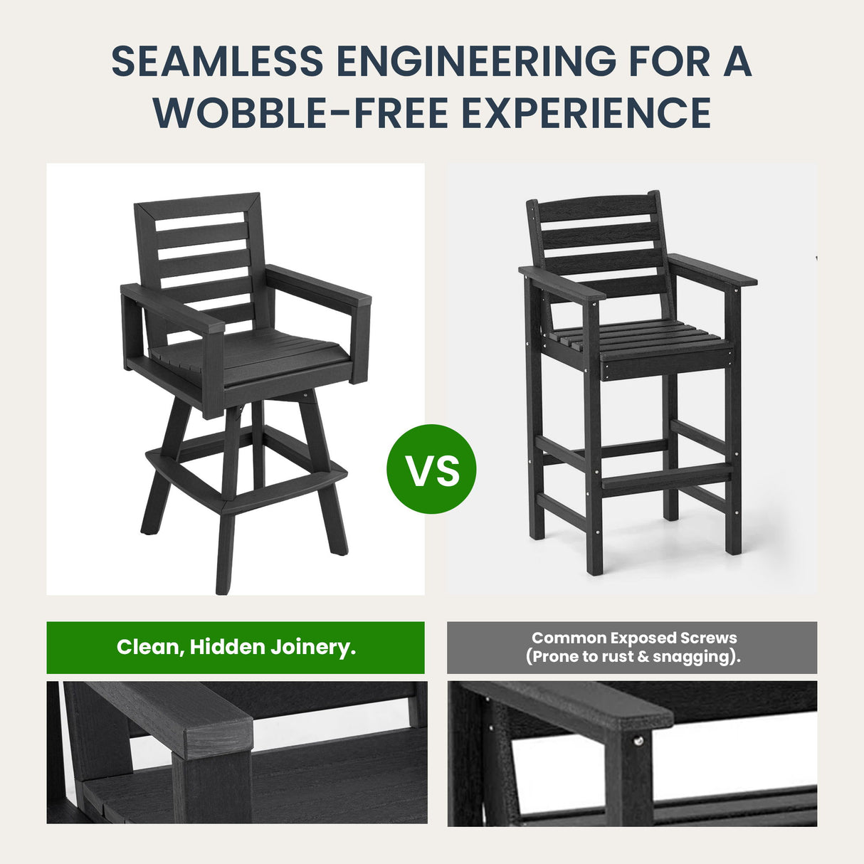 Outdoor Swivel Bar Chair, Ladderback With Wide & Thickened Frame