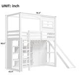 Twin Size Loft Bed With Wardrobe, Storage Shelves, Slide And LED - White