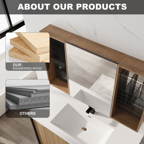 Wall Mounted Bathroom Mirror Cabinet With Storage - Imitative Oak