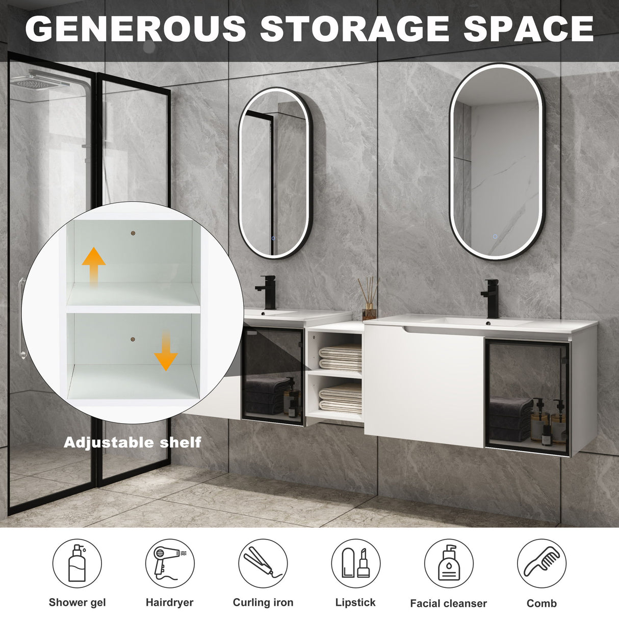 Wall Mounted Bathroom Vanity With Sink, Soft Close Doors, Cabinet & Half Door