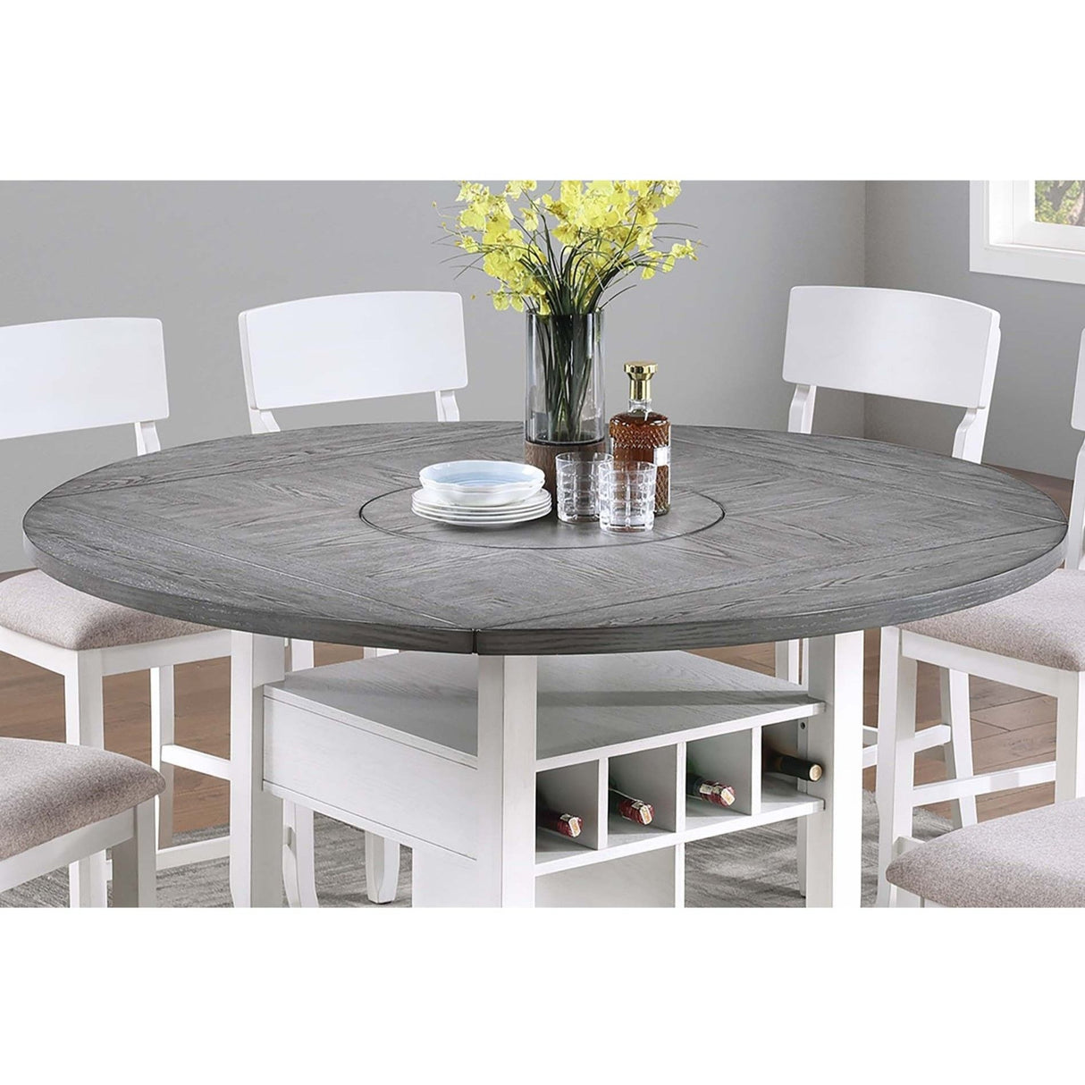 Counter Height Dining Table With Built In Lazy Susan And Storage Shelves