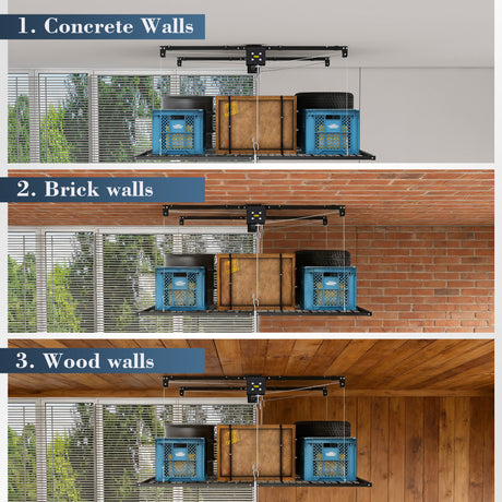 Overhead Garage Storage Rack For High Ceilings, Construction With Safety Lock - Black