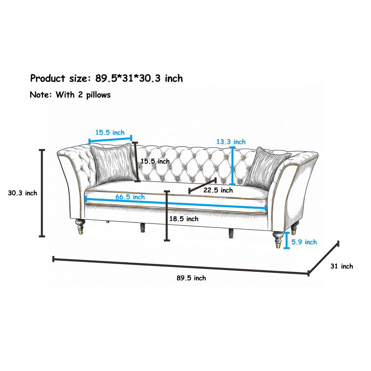 3 Person Sofa With Deep Seat, Tufted Backrest