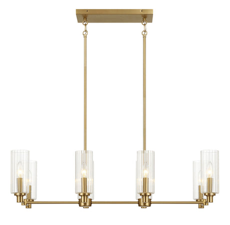Willow - 8 Lights Island With Clear Ribbed Pendant Lamp Satin - Antique Brass / Clear / Gold