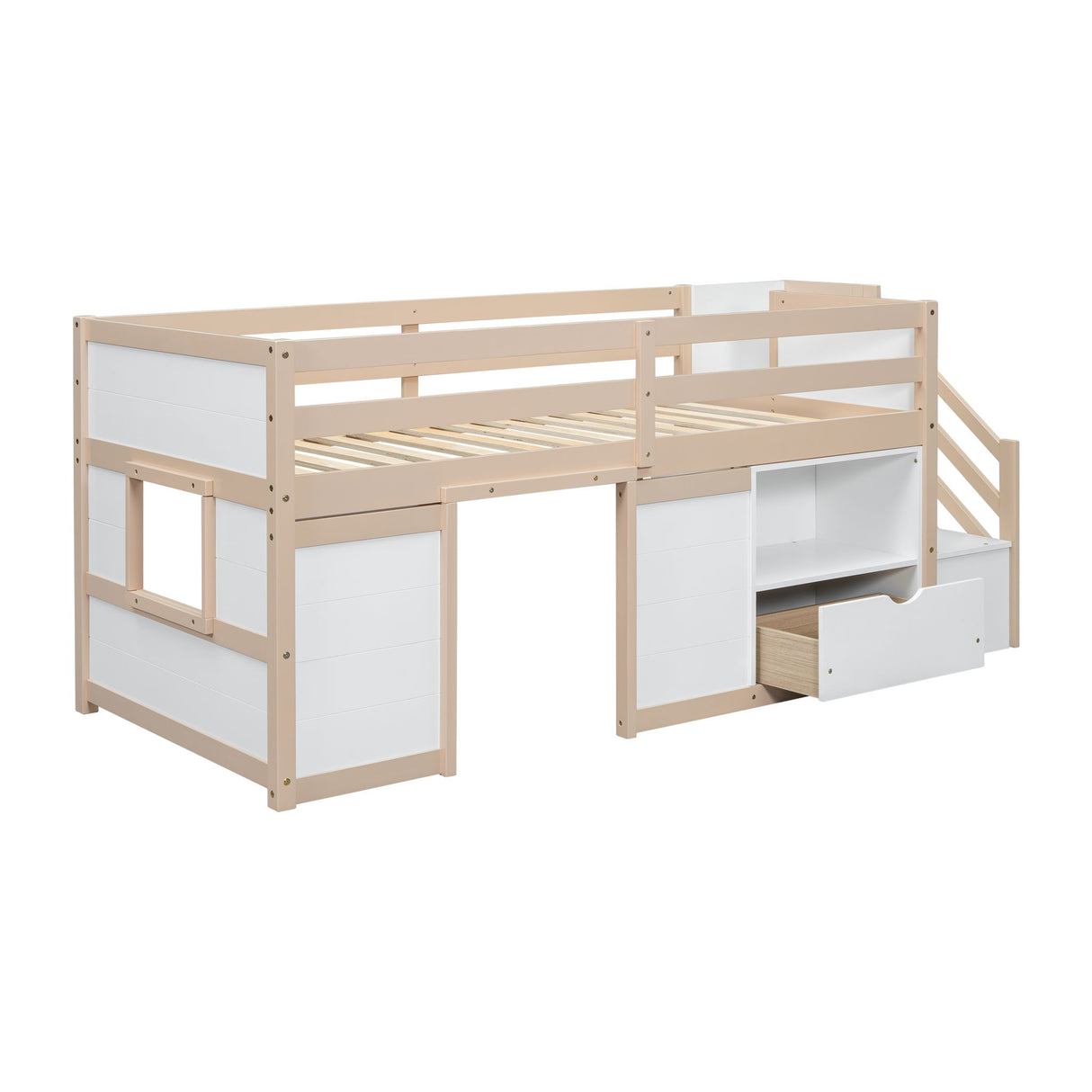 Low Loft Bed With Stair, Drawer, And Shelf