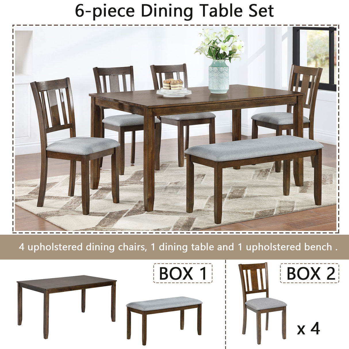 6 Pieces Kitchen Dining Set, Rectangular Wooden Dining Table With 4 Upholstered Chairs And A Bench