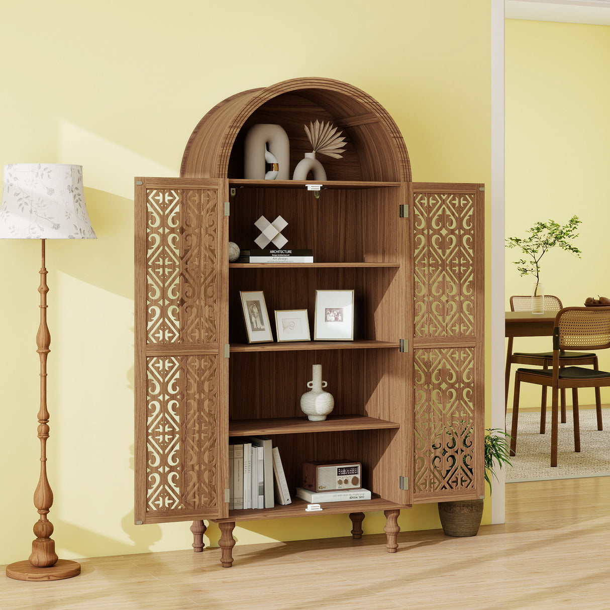 Tall Kitchen Pantry Cabinet With Hollow Carved Doors Adjustable Shelves Versatile Storage Cabinet For Kitchen - Walnut