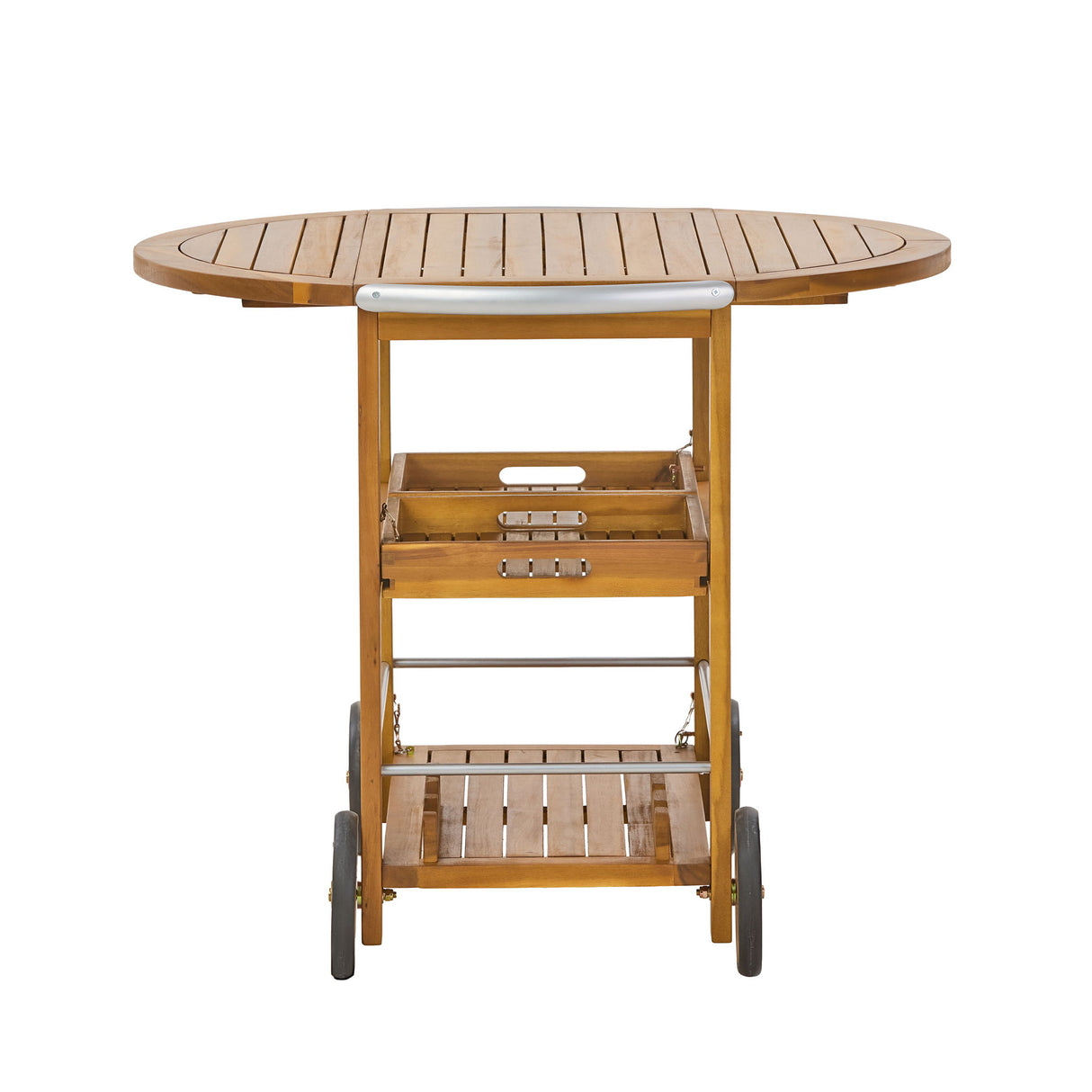 Outdoor Bar Cart With Foldable Tabletop & Removable Trays - Teak