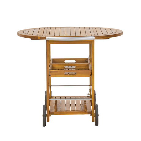 Outdoor Bar Cart With Foldable Tabletop & Removable Trays - Teak