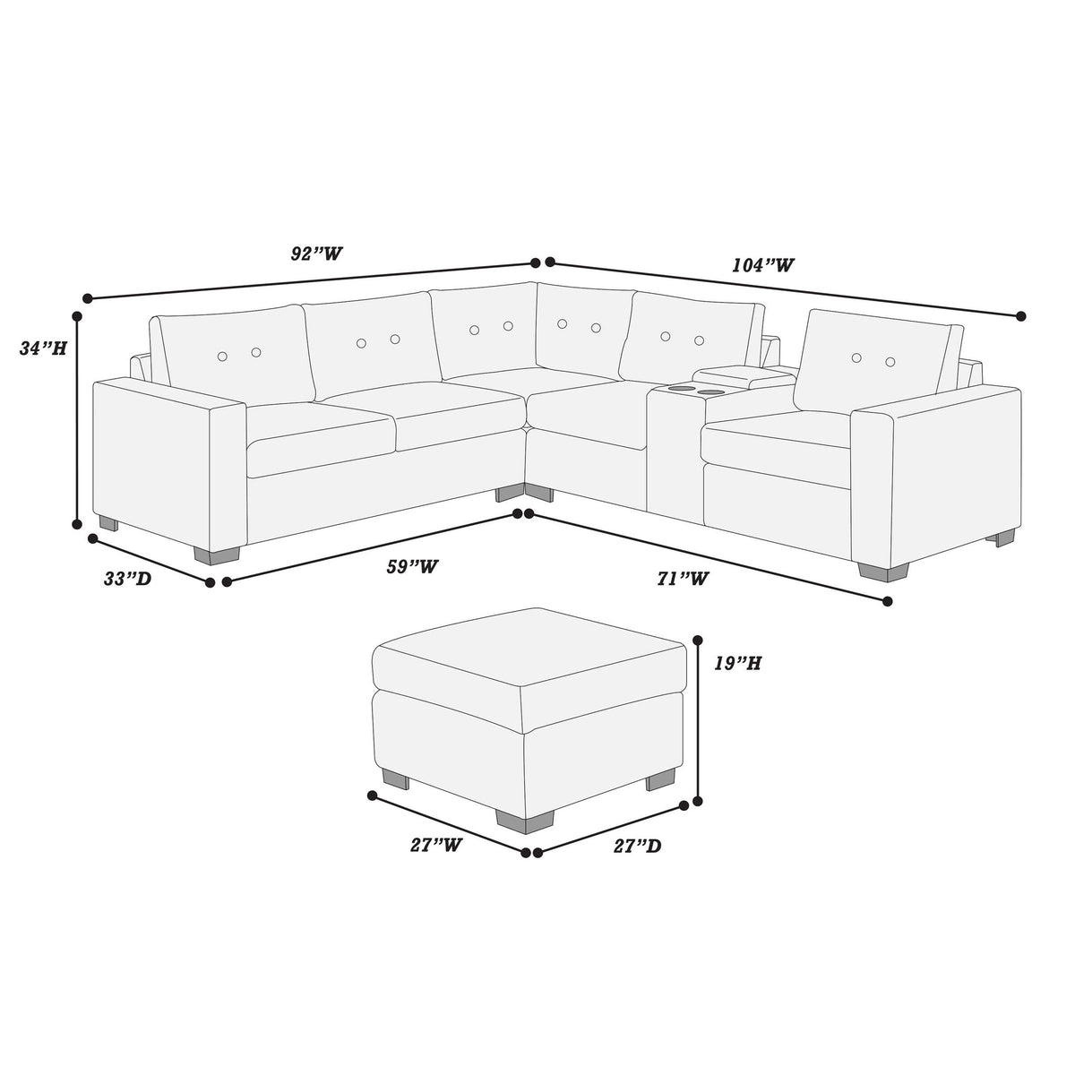 Sectional Set With Reversible Loveseat, USB Console, Corner Wedge & Ottoman