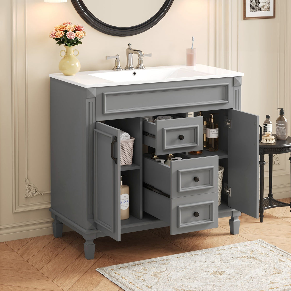Bathroom Vanity With Top Sink, Cabinet With 2 Soft Closing Doors And Drawers