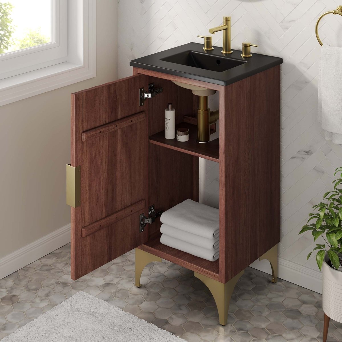 18" Bathroom Vanity with Brass Accents – Black Walnut - Bathroom Fixtures - Alpine Outlets