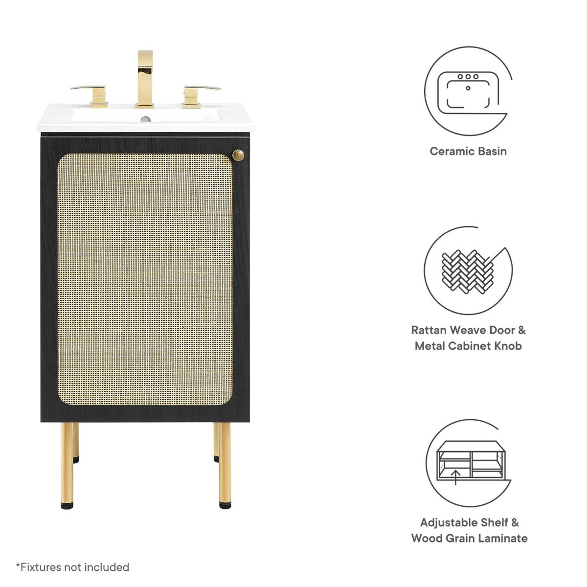 18" Black and White Bathroom Vanity with Rattan Door - Bathroom Fixtures - Alpine Outlets