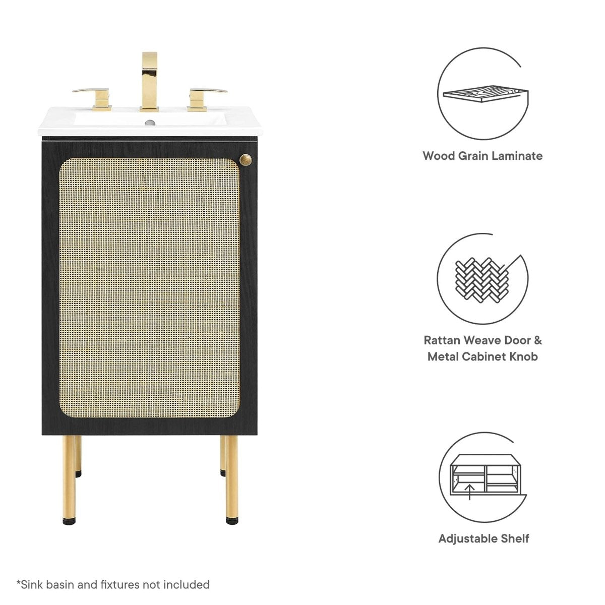 18" Black Bathroom Vanity Cabinet with Rattan Door – Sink Basin Not Included - Bathroom Fixtures - Alpine Outlets