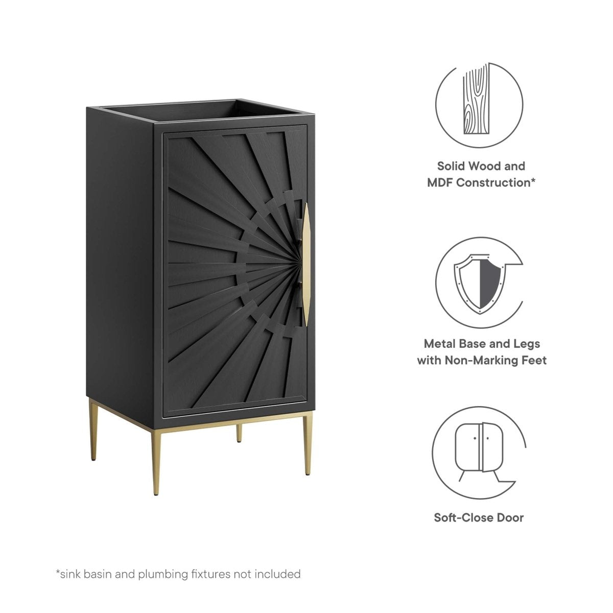 18" Black Modern Wood Bathroom Vanity Cabinet with Gold Base - Bathroom Fixtures - Alpine Outlets