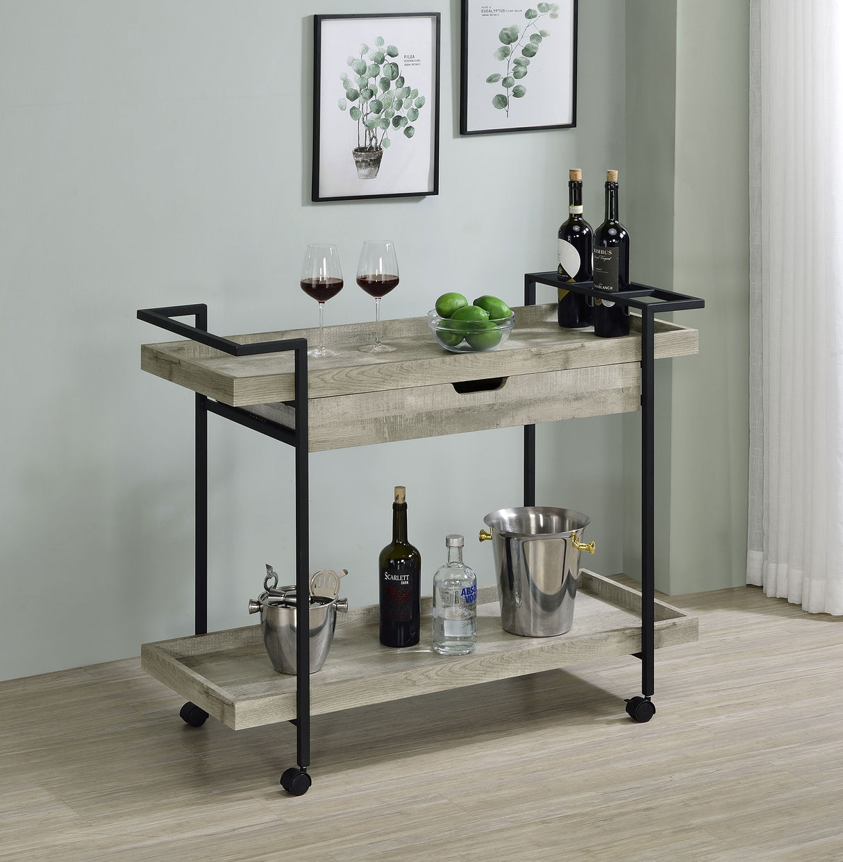 Ventura 1-Drawer Grey Driftwood Bar Cart with Casters