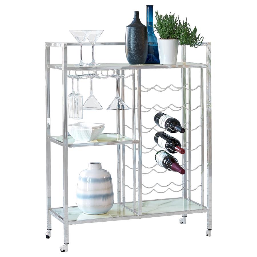 Modern Chrome Marble-Glass 3-Tier Bar Cart with Wine Rack