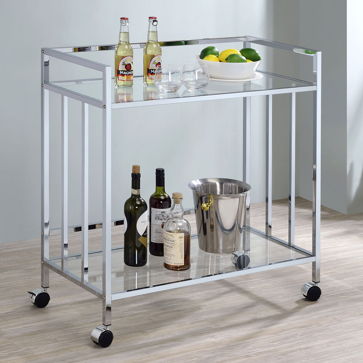 Cara 2-Tier Rectangular Glass Shelf Metal Bar Cart Chrome