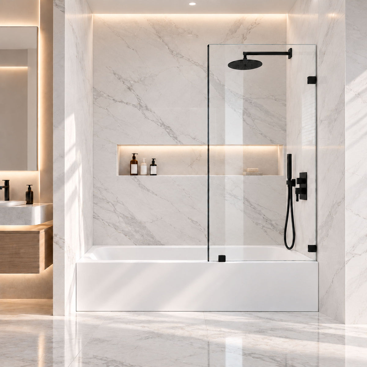 Frameless Bathtub Shower Screen, Reversible Installation