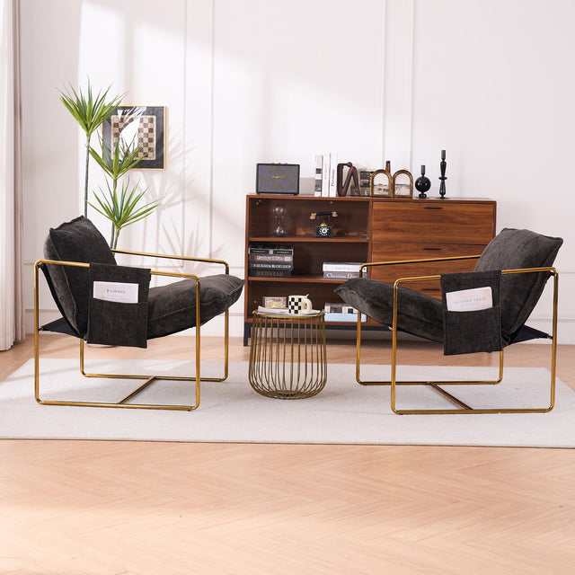 Upholstered Hanging Armchair With Arm Pocketsmetal Frame (Set of 2), Gold-Plated Craftsmanship, Crushed Foam Cushions And Skin-Friendly Woven Fabric For Living Room And Bedroom - Chair Sets - Alpine Outlets