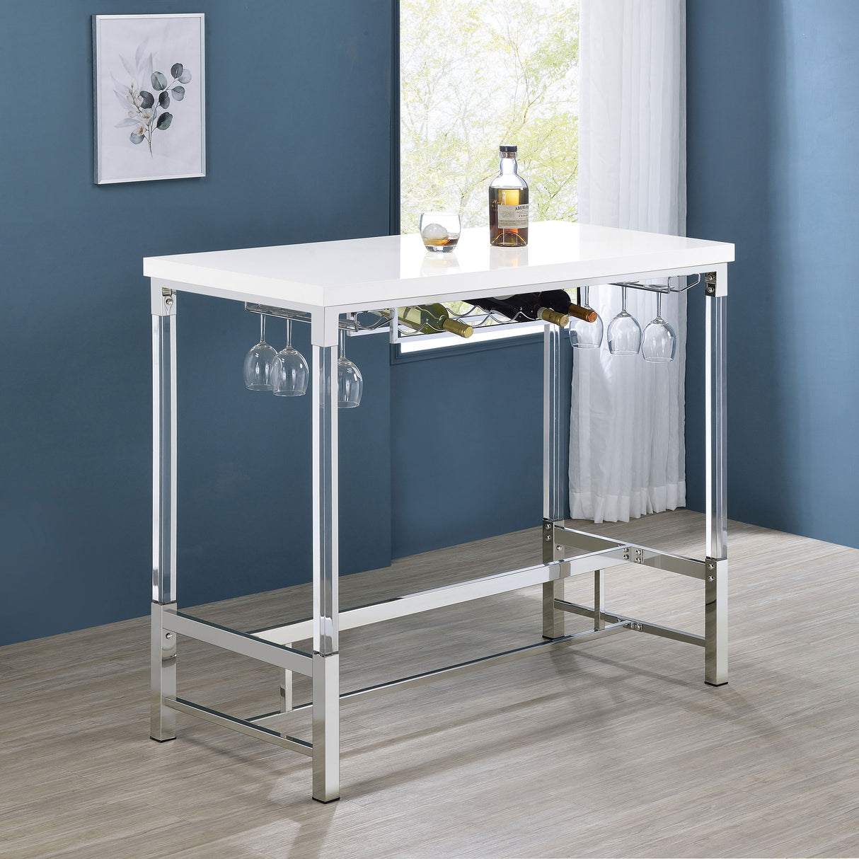 Norcrest 47-Inch White High Gloss Bar Table with Wine Storage