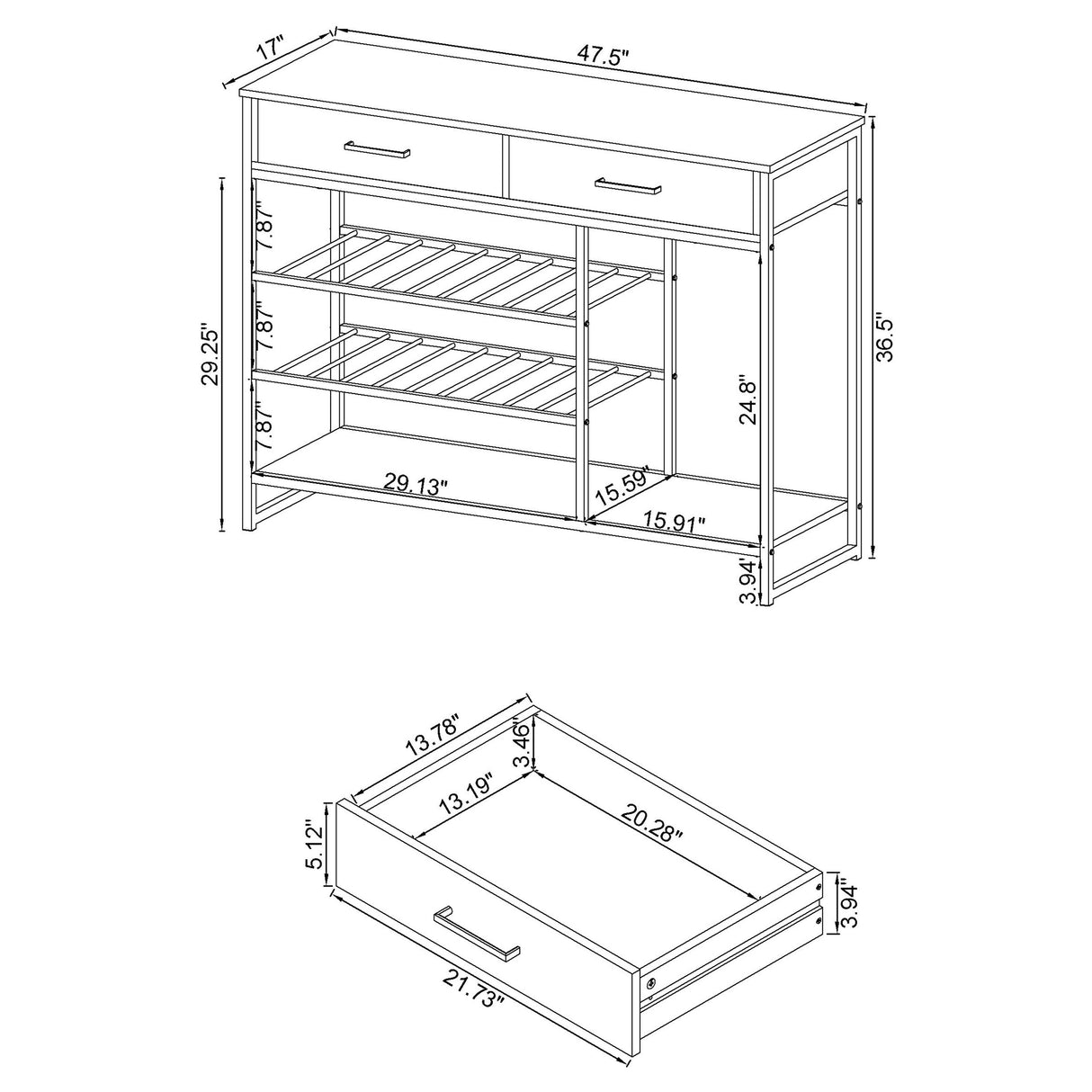 Melrose 2-Drawer Home Bar Storage with Wine Rack, Grey Washed Oak