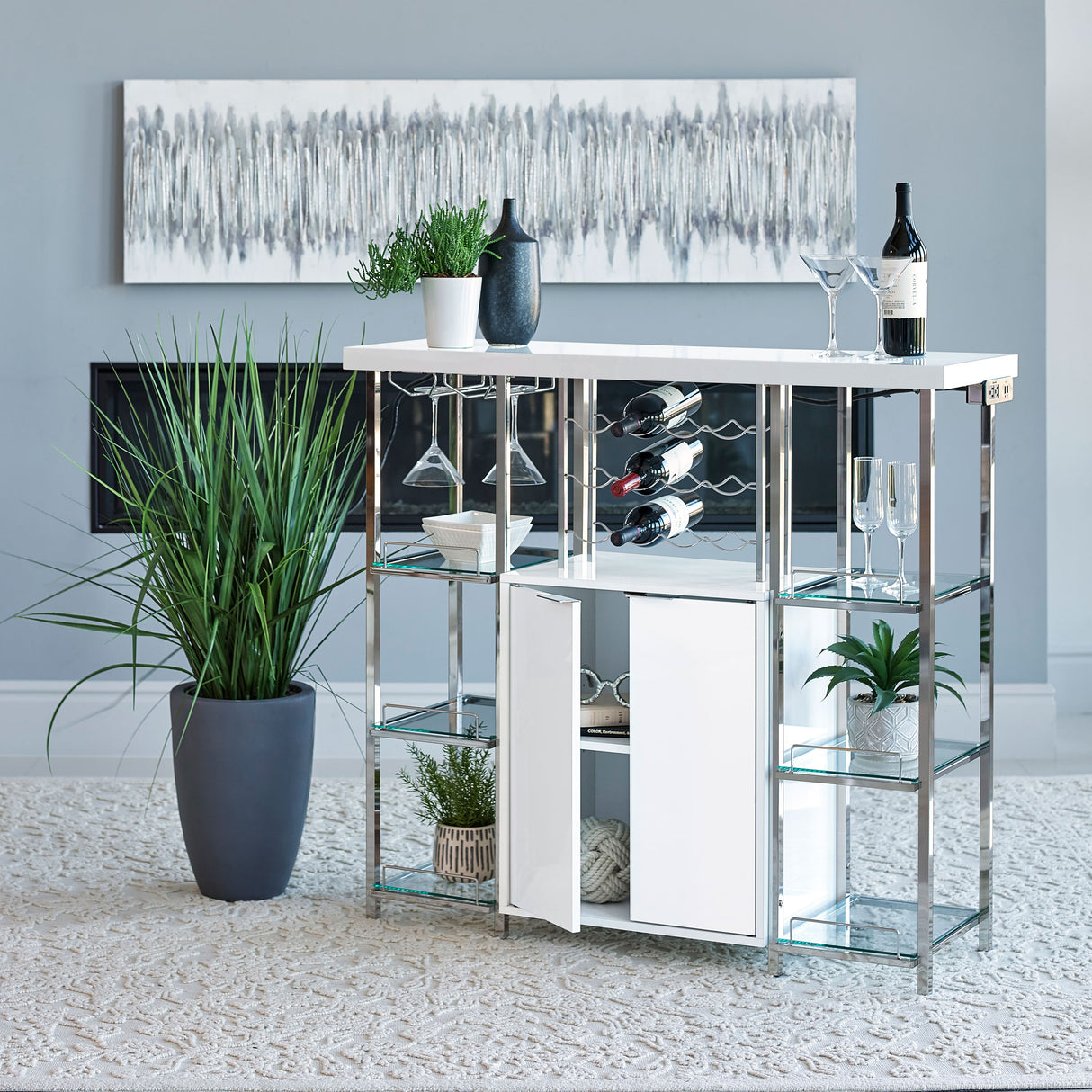 Gallimore 2-Door Bar Cabinet with Wine Storage, White High Gloss