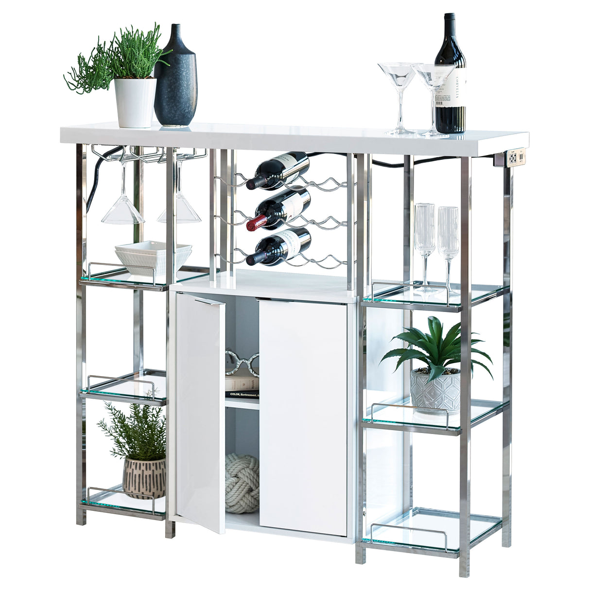 Gallimore 2-Door Bar Cabinet with Wine Storage, White High Gloss