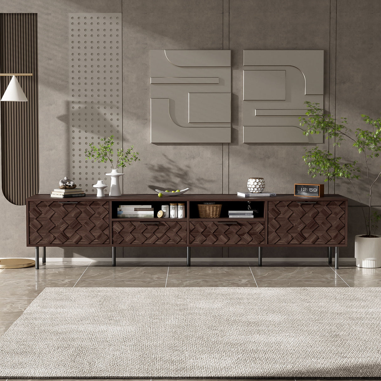 TV Stand For TVs Up To 85" With Closed Storage, Soft Closing Hinges, Living Room Entertainment Center - Walnut