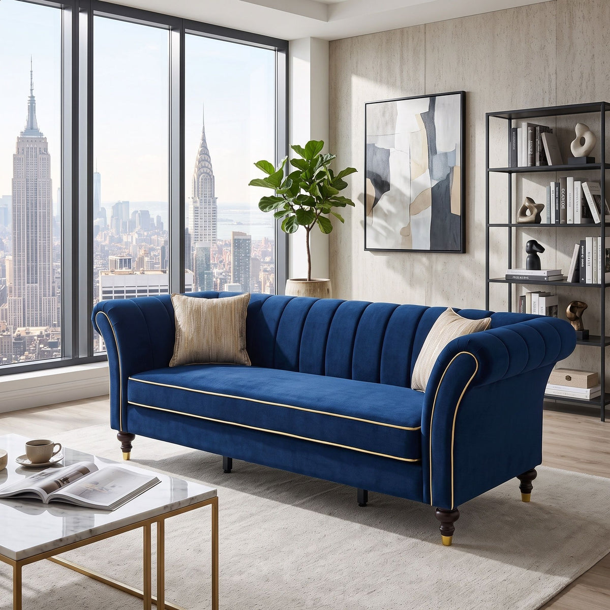3 Seater Sofa With Rolled Arms, Vertical Channel Tufted Backrest