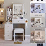 Cabinet Vanity Table & Cushioned Stool, USB Power Station, Hair Dryer Bracket - White