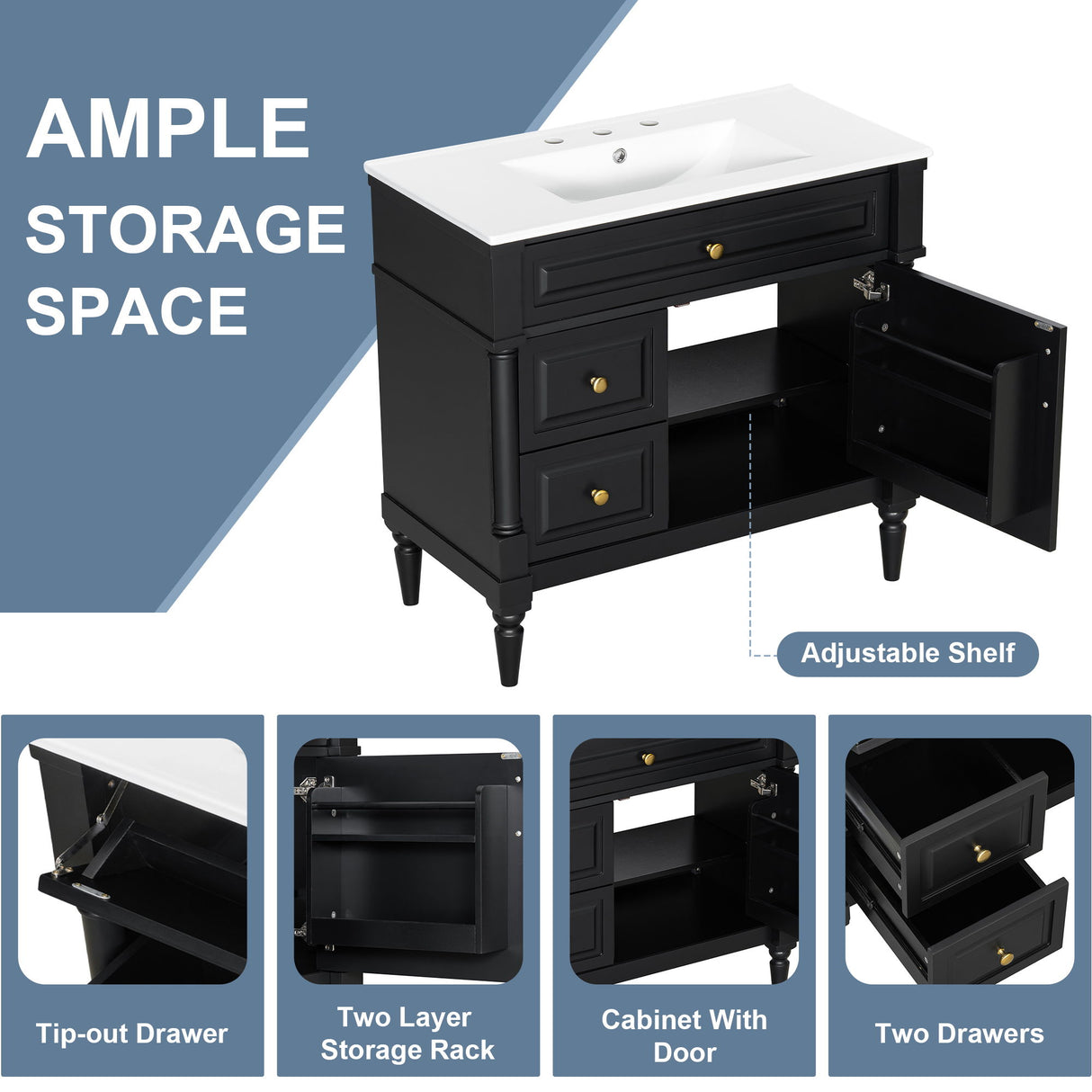 Freestanding Bathroom Vanity With Sink, Adjustable Shelf, Flip Drawer