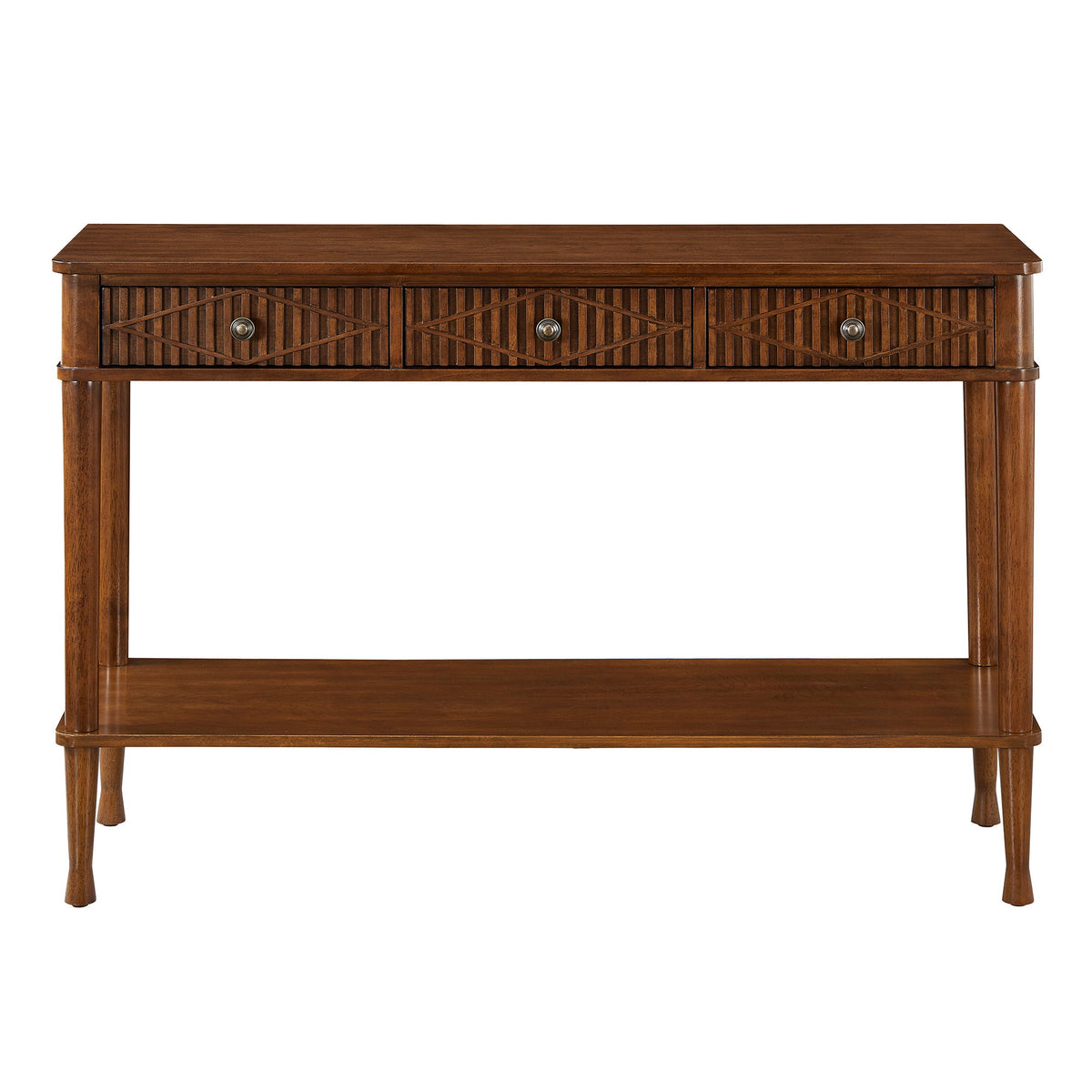 Console Table With Reeded Diamond Pattern Drawer Fronts, Open Storage Shelf For Living Room - Walnut