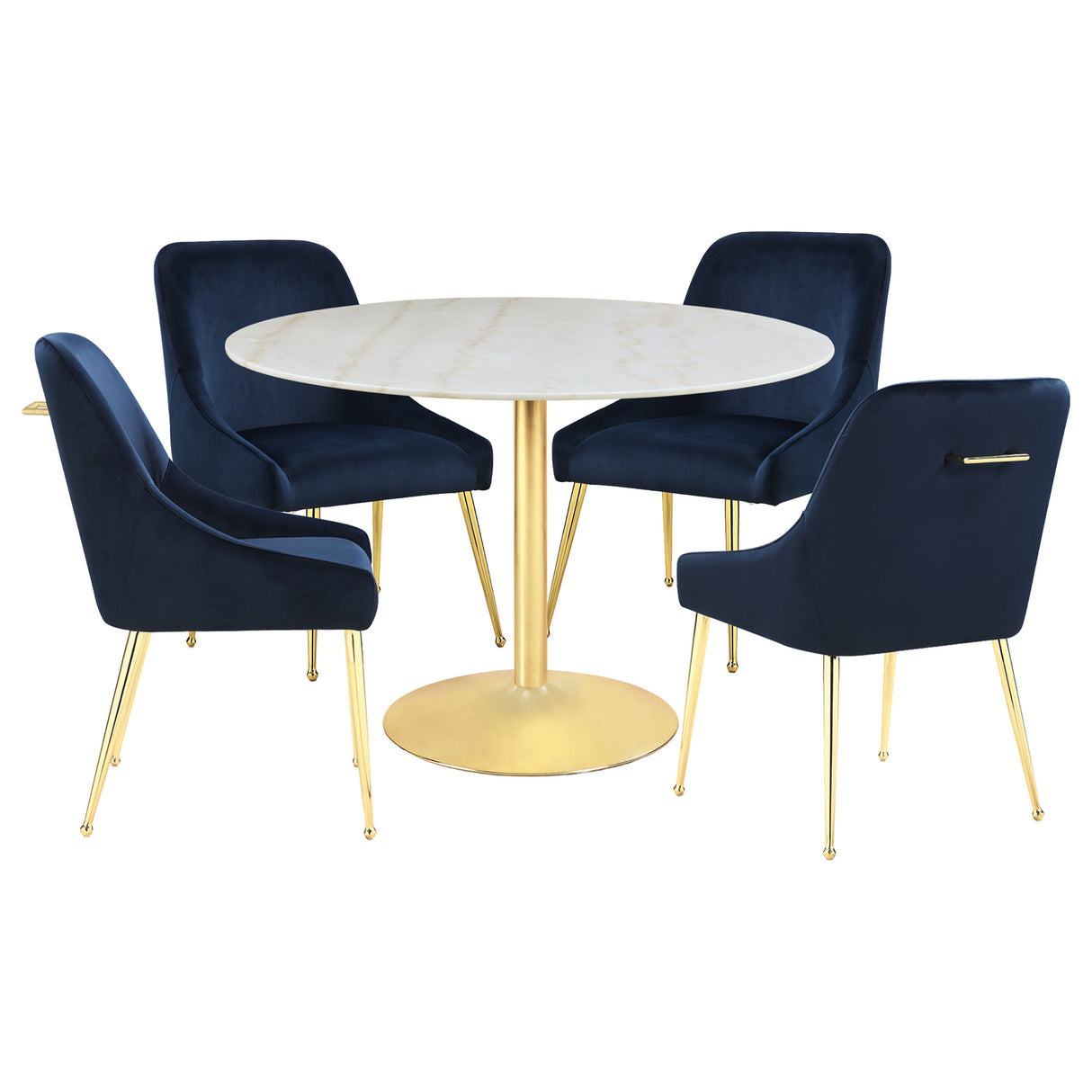 Kella 5-Piece Round Marble Top Dining Set, White and Gold