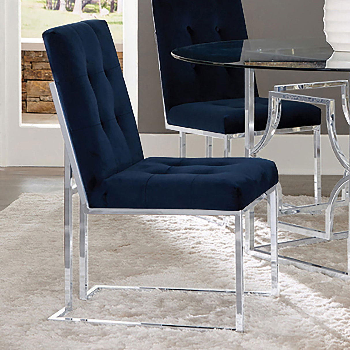 Cisco Velvet Upholstered Dining Side Chair, Blue/Chrome - Set of 2