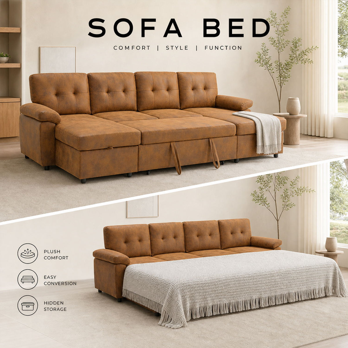Convertible Sectional Sofa Bed With Pull Out Sleeper And Storage