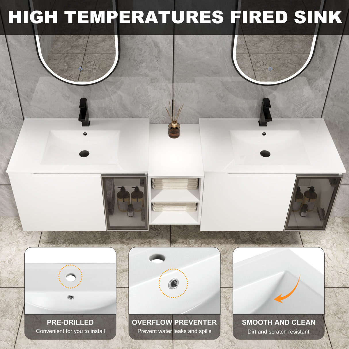 Wall Mounted Bathroom Vanity With Sink, Soft Close Doors, Cabinet & Half Door