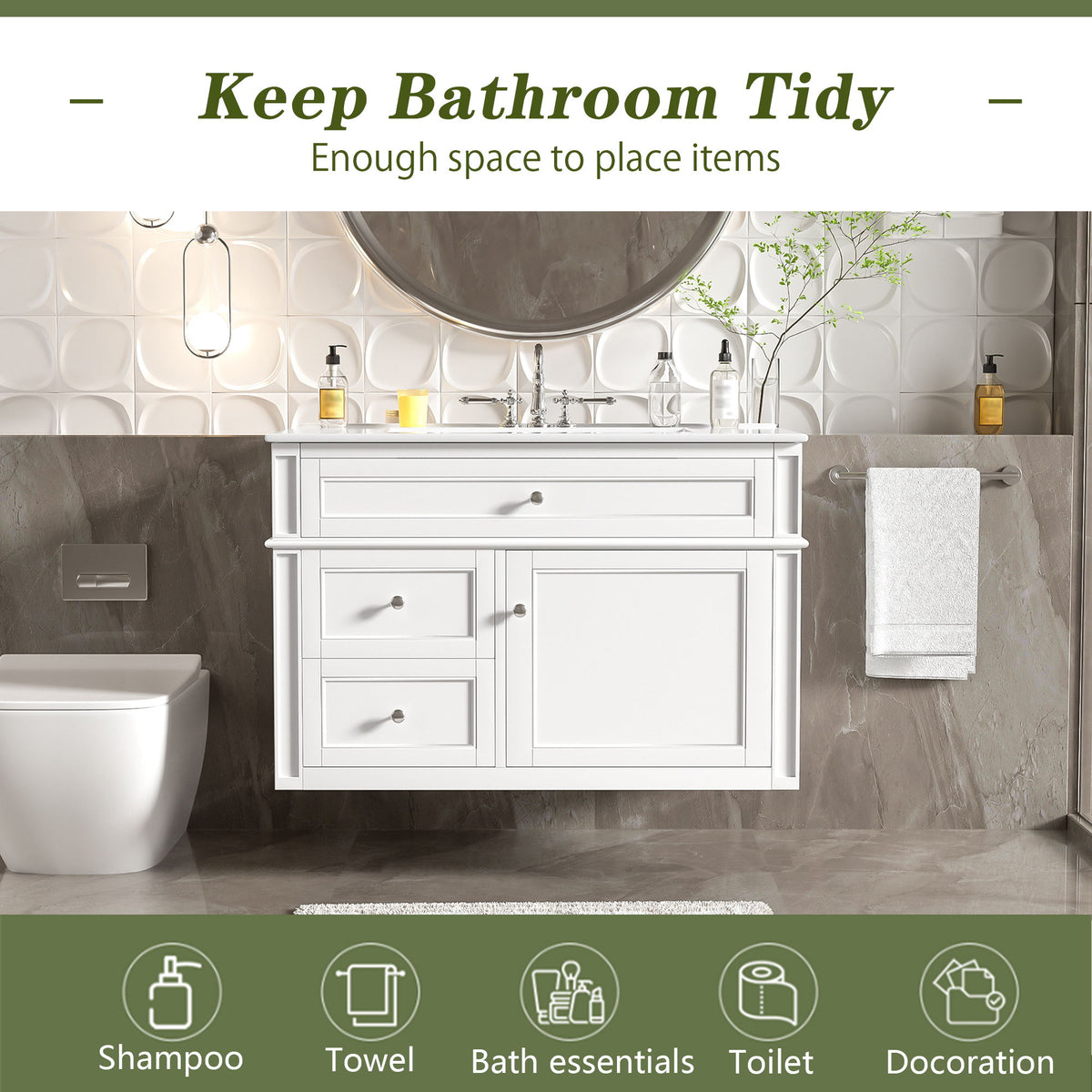 Wall Mounted Bathroom Vanity With 2 Drawers, 1 Tip Out Drawer, 3 Holes Sink