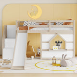 Loft Bed With Storage Stairs, Slide, Playhouse Window And 7 Colors LED Lights