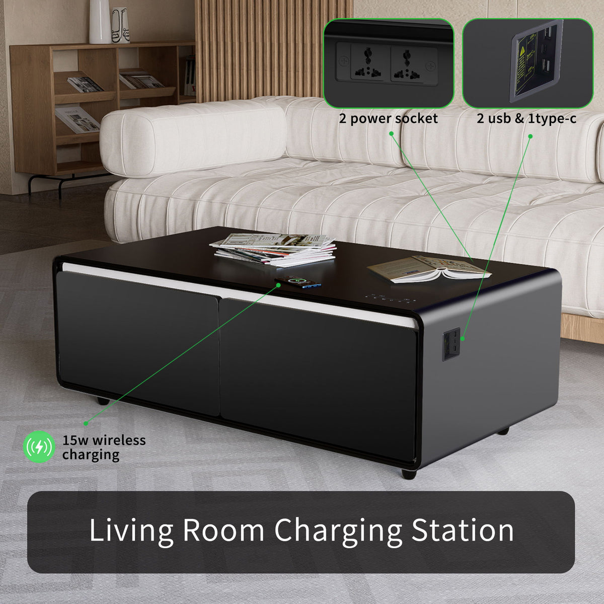 Modern Smart Coffee Table With Built-In Fridge, tooth Speaker, Wireless Charging Module, Touch Control Panel, Power Socket, USB Interface, Outlet Protection, Atmosphere Light