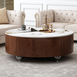 Round Coffee Table With 2 Drawers For Living Room - Walnut Brown / White / Multi