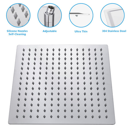 16" Square Rainfall Shower Head Fixed Wall Mount With Full Body Coverage & Self Cleaning Silicone Nozzles - Chrome
