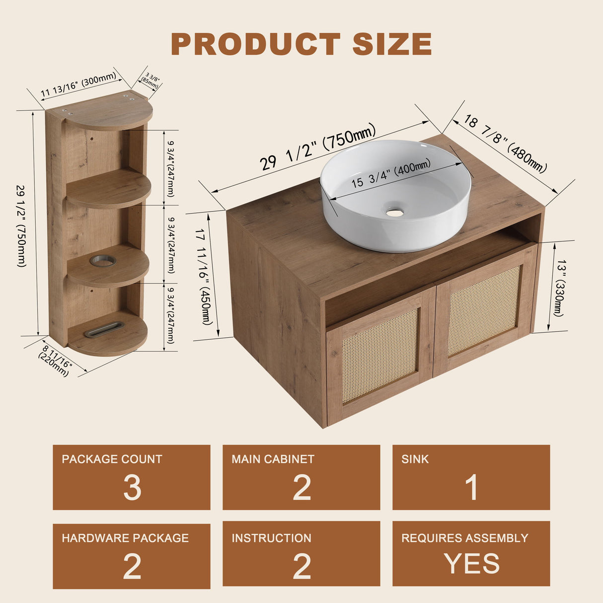 Bathroom Vanity With Art Sink And Storage Rack, Float Mounting Design