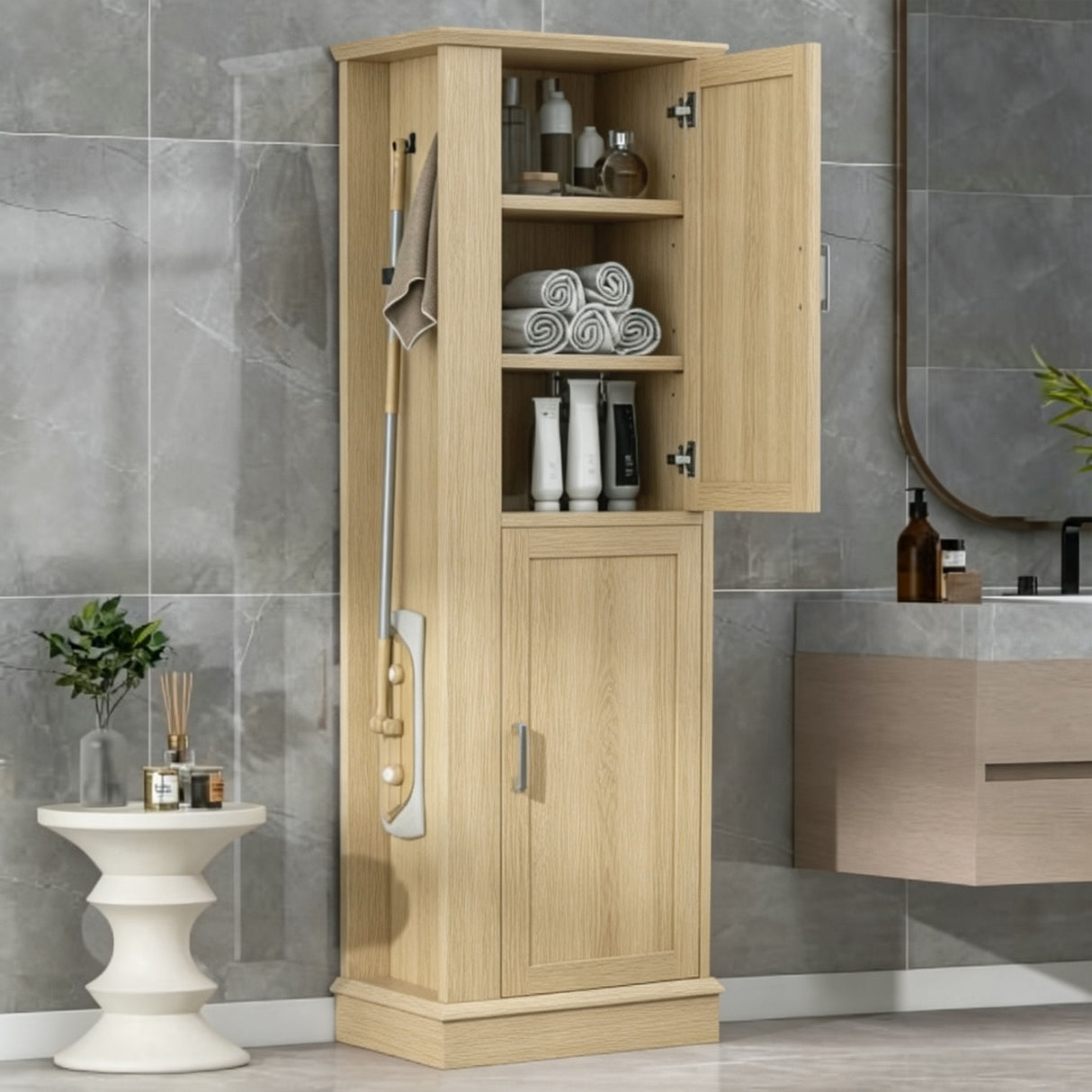Tall Freestanding Bathroom Storage Cabinet With Adjustable Shelves And Side Hooks